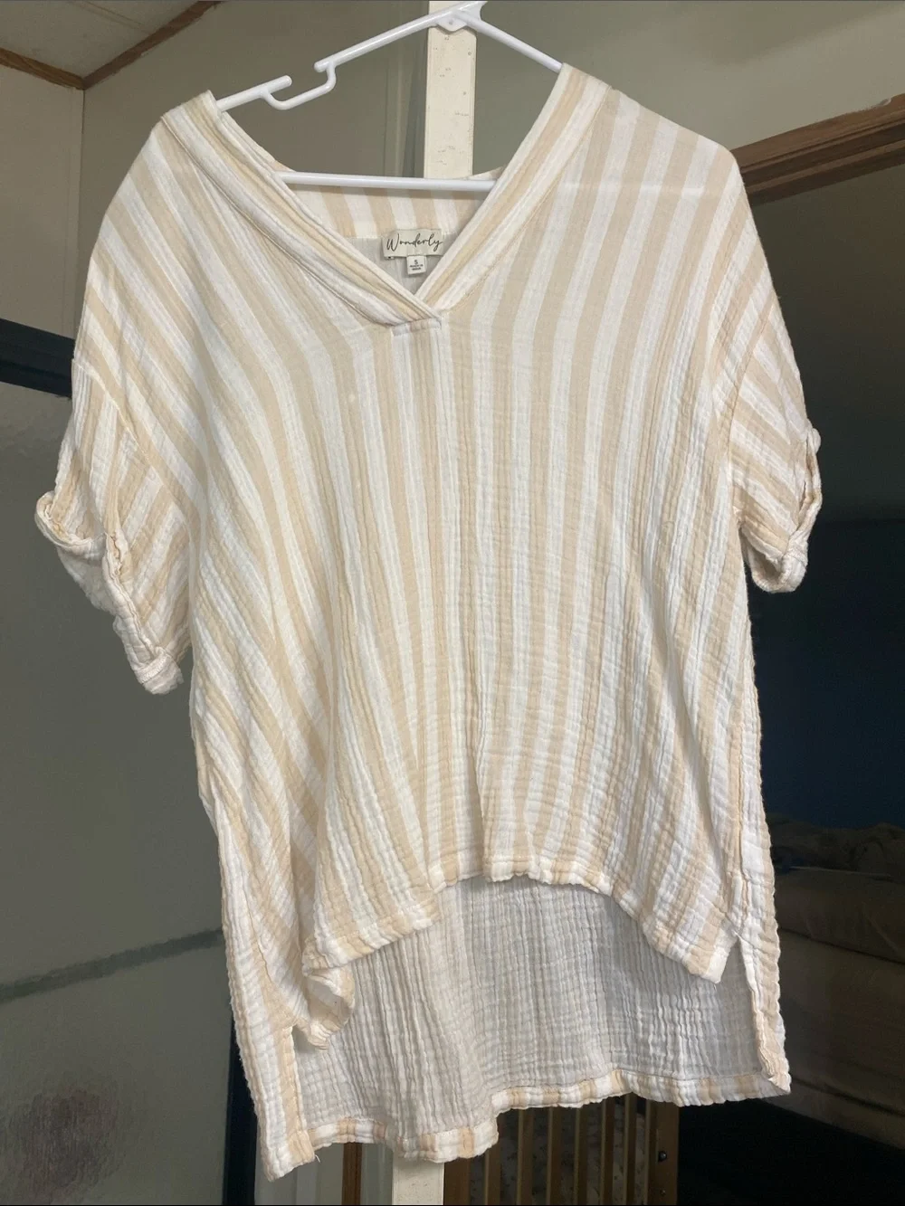 Wonderly White and Tan Striped V-Neck Top